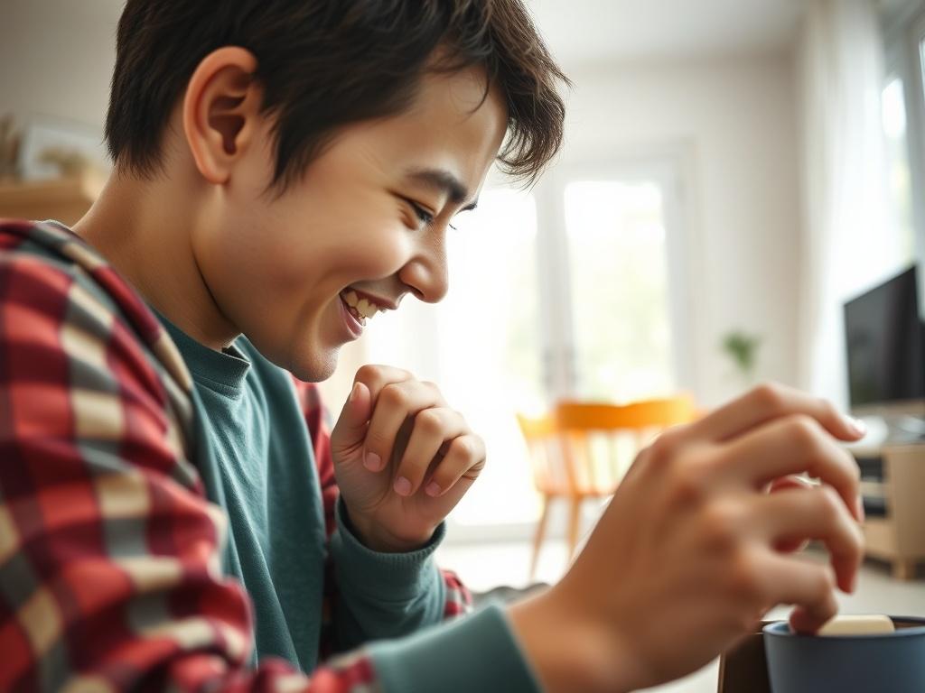 A close-up shot of an individual engaging in a life skills activity at home, showcasing their determination and happiness. The background should be bright and welcoming, emphasizing the supportive living environment.