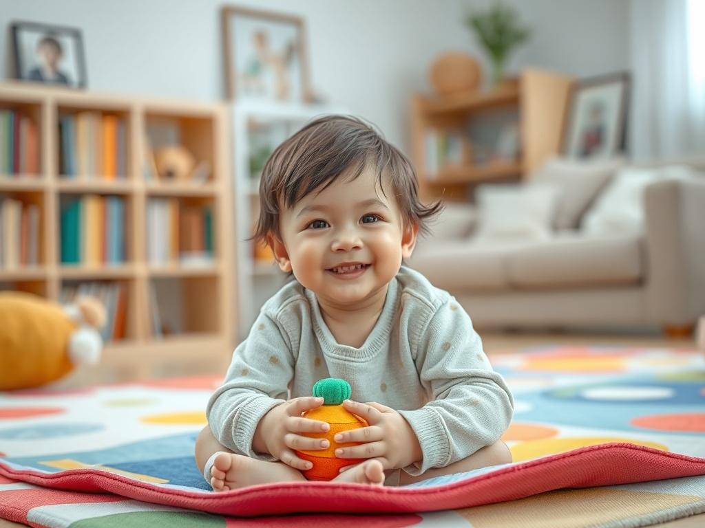**AI Image Generation Prompt:**

Create a realistic high-resolution photograph that encapsulates the theme of "The Importance of Child-Centered Contact Sessions." The image should feature a young child, around 5 years old, sitting on a colorful play mat in a warm, neutral-lit room. The child should be engaging with a soft toy, displaying a joyful and relaxed demeanor, embodying the safety and comfort of child-centered contact.

The composition should focus solely on the child, capturing a close-up viewpoint