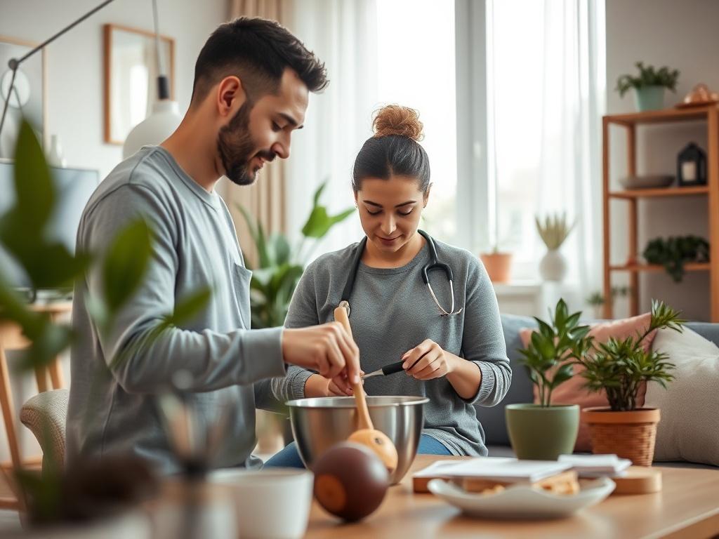 A bright, modern apartment where an adult is engaging in a life skills activity, such as cooking or organizing a space, with a supportive staff member. The setting is cozy and inviting, with plants and personal touches that reflect independence. The scene illustrates empowerment and growth in supported living.