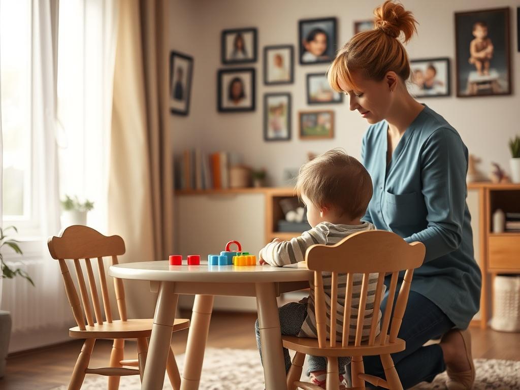 A warm, inviting room with soft lighting, featuring a small table and chairs where a child is playing with toys, supervised by a professional caregiver. The background shows family photos on the wall, creating a homely atmosphere. The scene captures a sense of safety and connection, emphasizing the importance of supervised contact in family relationships.