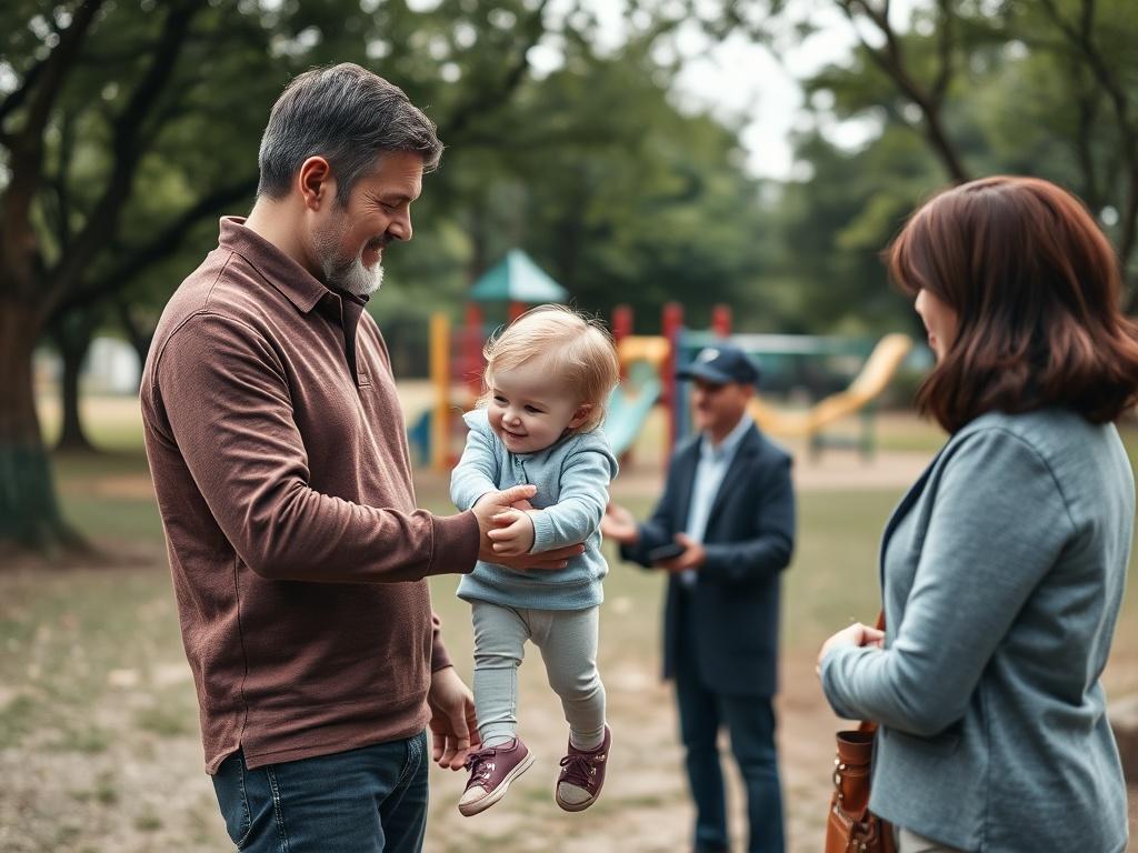 A serene outdoor park setting where two adults are exchanging a child in a friendly manner, with a professional mediator present. The background features trees and a playground, signifying a peaceful environment. The scene conveys cooperation and care, highlighting the importance of respectful handovers in family dynamics.