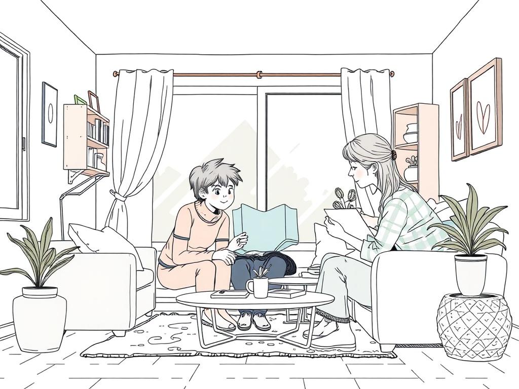 A cozy living space showcasing a young adult engaging in daily activities with the support of a caregiver. The room should be brightly lit with personal touches that reflect the individual’s personality, emphasizing independence and comfort. The caregiver should be actively participating, illustrating the supportive nature of the living program.