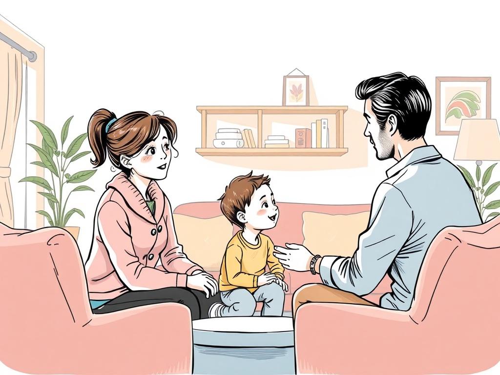 A serene family setting with a professional facilitator overseeing a supervised contact session between a parent and child in a warm, inviting atmosphere. The background should feature soft colors and comfortable furniture, creating a welcoming environment that emphasizes safety and connection. The facilitator should appear calm and reassuring, fostering a sense of trust and support.