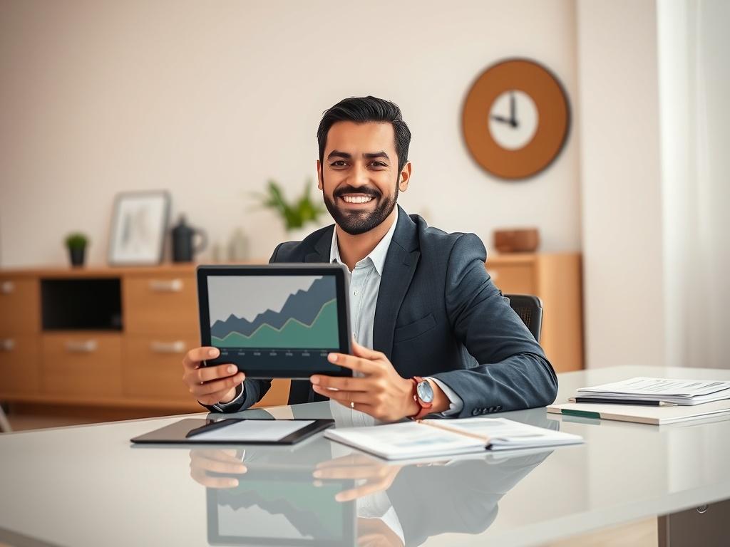 Create a highly realistic high-resolution photo featuring a single, focused subject: a confident, smiling investment advisor sitting at a sleek modern desk. The advisor is holding a digital tablet displaying a graph indicating positive growth trends. They should be dressed in professional attire, exuding an inviting and knowledgeable aura.

The background should be minimalistic yet sophisticated, showcasing a well-organized office environment with subtle hints of investment-related materials, such as financ