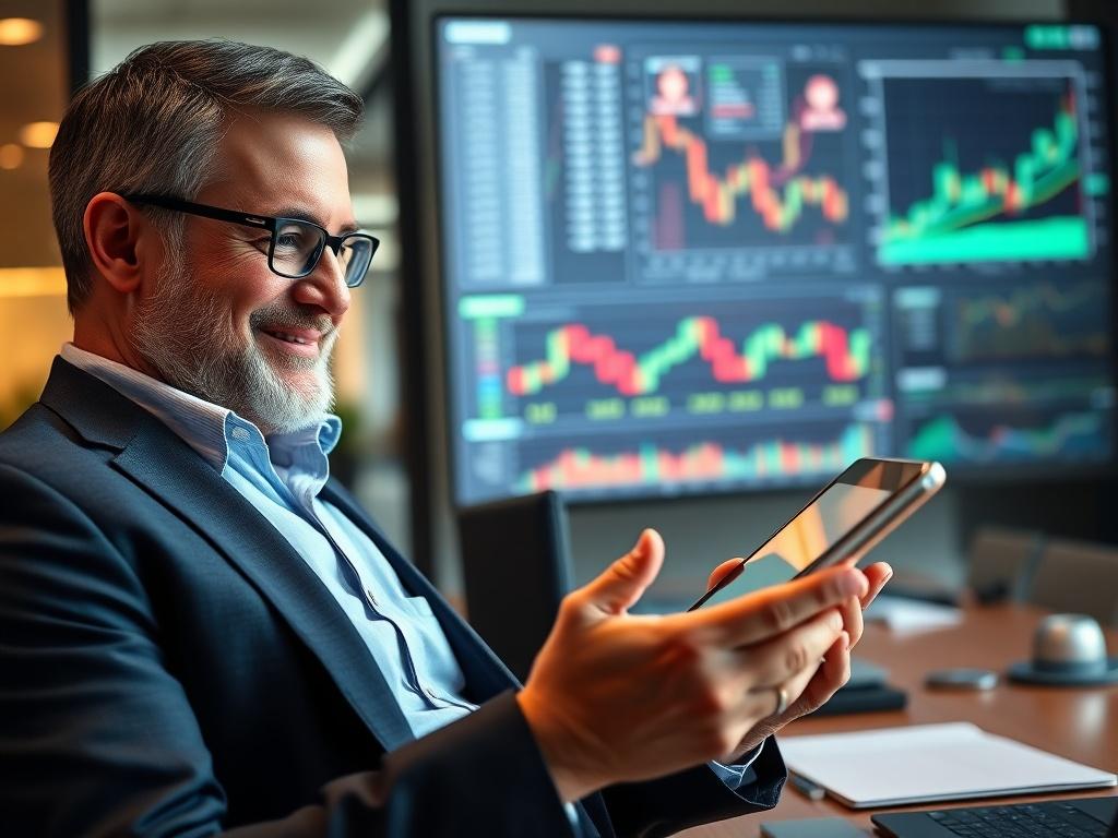 A hyper-realistic close-up shot of a confident investor reviewing their trading profits on a digital tablet. The background features a modern office setting with financial charts and graphs displayed on a screen. The image should convey a sense of success and professionalism, focusing on the investor's expression of satisfaction. Use a shallow depth of field to emphasize the investor and their tablet, with an RGB color scheme of (21, 196, 244) for accents.
