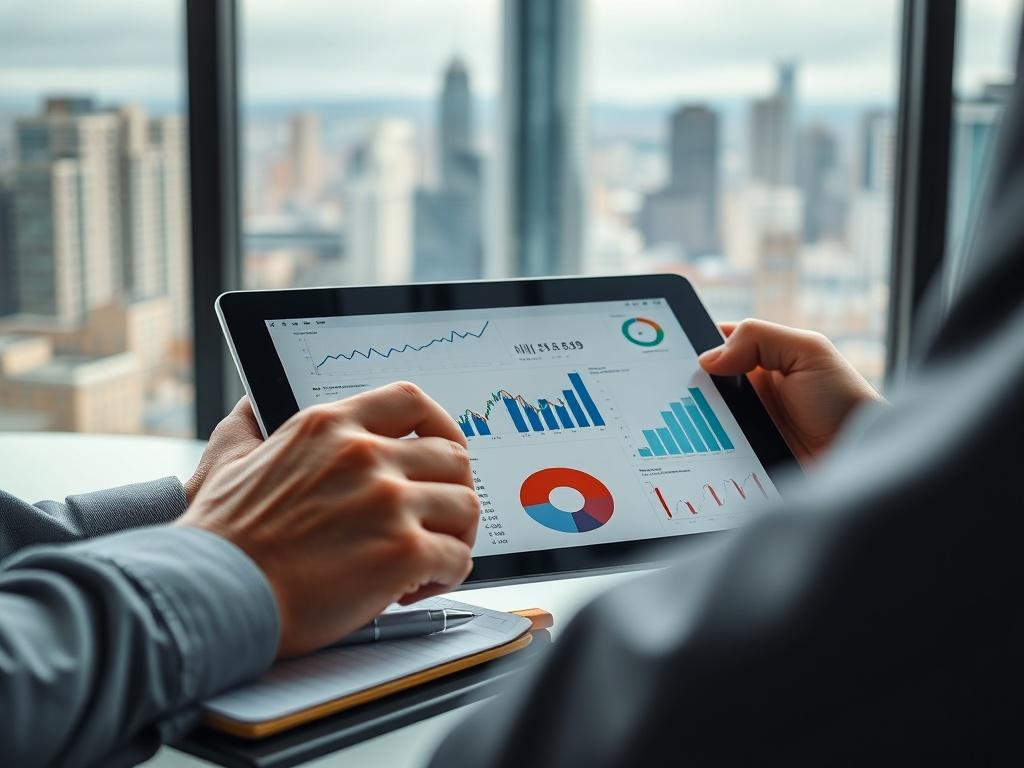 A close up shot of a financial analyst reviewing charts