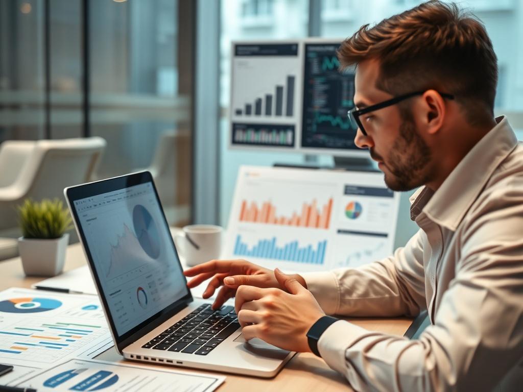 A high resolution close up of a financial analyst reviewing