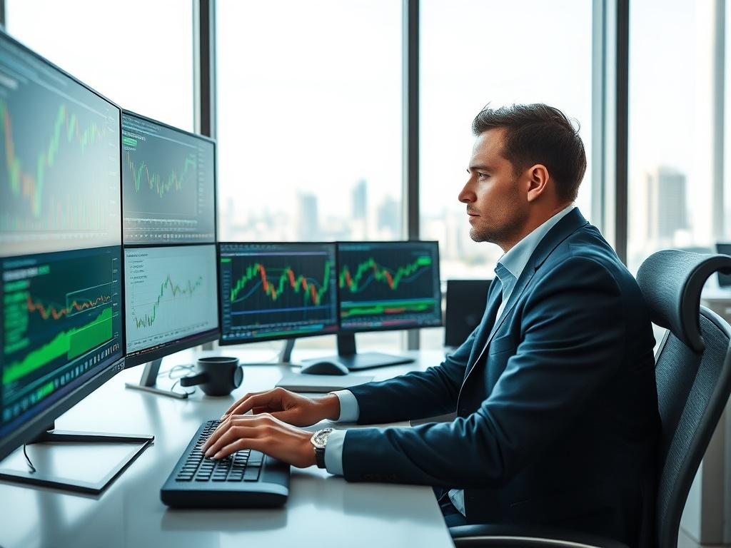 Create a realistic high-resolution photo that captures the essence of the blog titled "Trendy rynkowe w handlu forex." The composition should be simple and clear, featuring a single subject: a professional-looking trader sitting at a modern desk. The trader is intently analyzing multiple screens displaying fluctuating forex charts and market data. 
In the background, include a well-lit office environment with large windows showing a cityscape, symbolizing the global nature of forex trading. The focus shoul