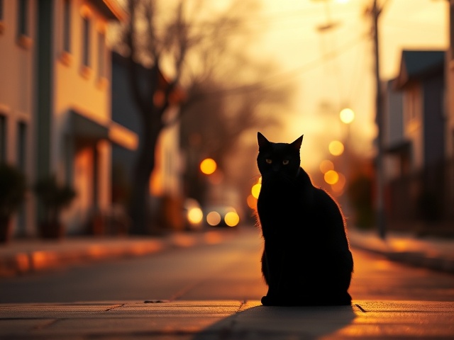 Cat silhouette in neighborhood at dusk