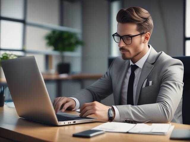 Create a realistic high-resolution close-up photo of a focused, confident business professional using a sleek laptop at a modern office desk. The subject is a single individual, engaged and smiling slightly as they interact with a virtual assistant on their screen, symbolizing AI technology in action. The background is softly blurred, featuring warm tones that complement the rgb(193, 153, 87) primary color—think subtle golden accents like a stylish desk lamp or decor. The lighting is natural and bright, hig