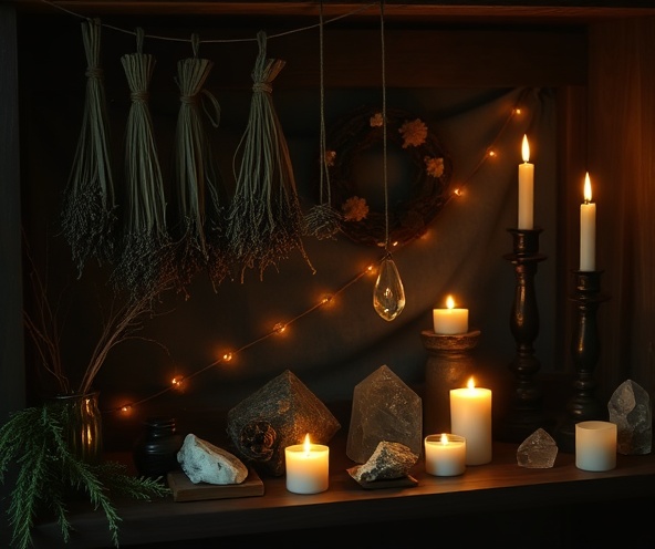 Altar with crystals, candles and dried herbs