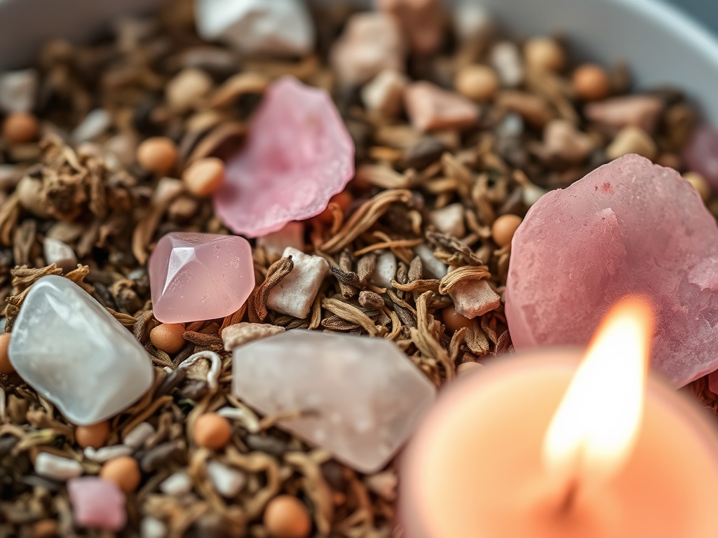 Healing crystals with tea and candlelight