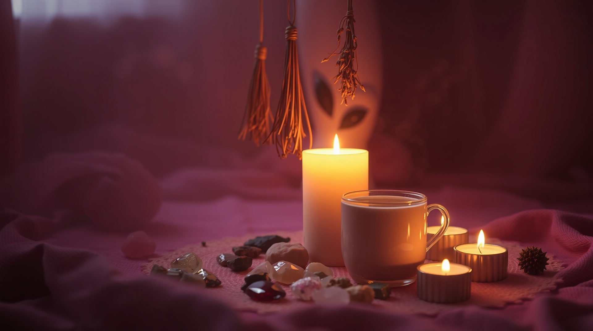 Dreamy tea ceremony with crystals and candlelight