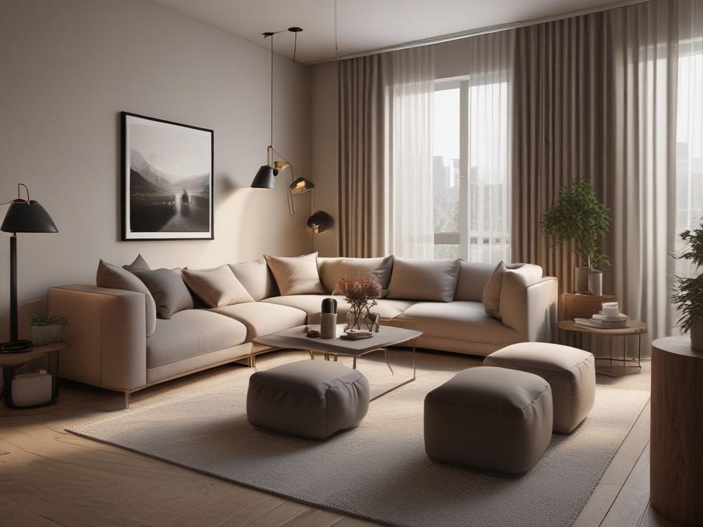 modern apartment design, cozy interior, warm lighting