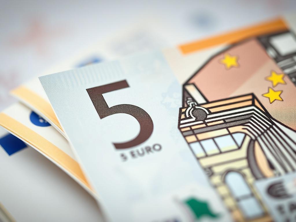 A hyper-realistic close-up shot of a 5 Euro banknote, showcasing the intricate designs and security features, with a soft-focus background that highlights the banknote's details. The composition is simple and clear, emphasizing the vivid colors and textures of the banknote.