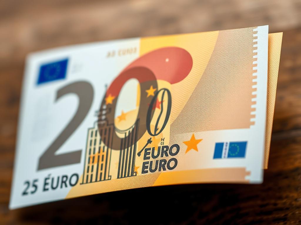 A hyper-realistic close-up shot of a 20 Euro banknote, showcasing its intricate design and security features, with a blurred background that draws attention to the banknote's details. The focus is entirely on the banknote, highlighting its vibrant colors and textures.