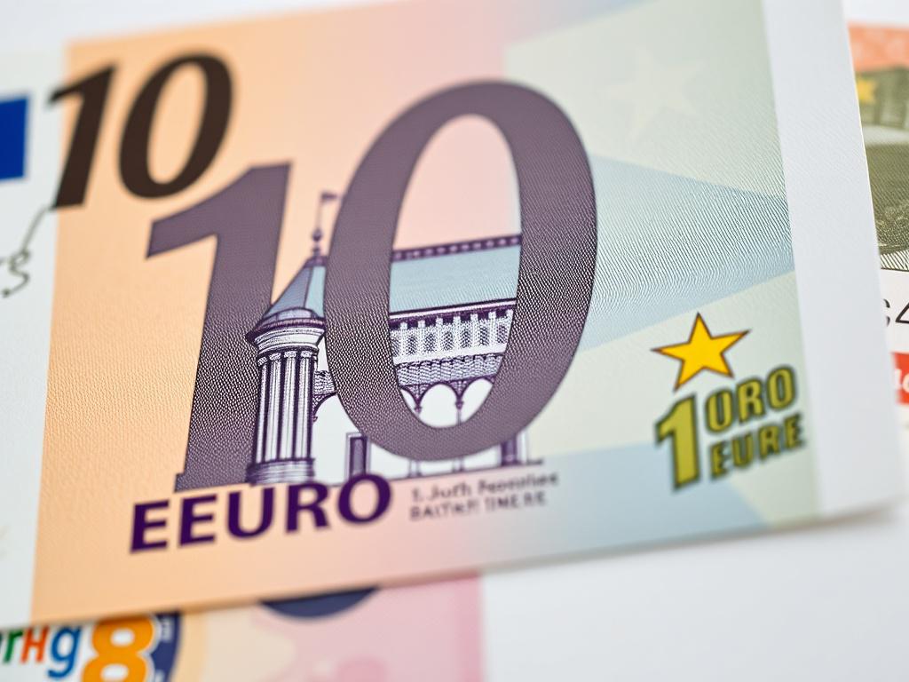 A hyper-realistic close-up shot of a 10 Euro banknote, highlighting the detailed artwork and security features, with a softly blurred background that enhances the colors and textures of the banknote. The composition focuses solely on the banknote to emphasize its quality.