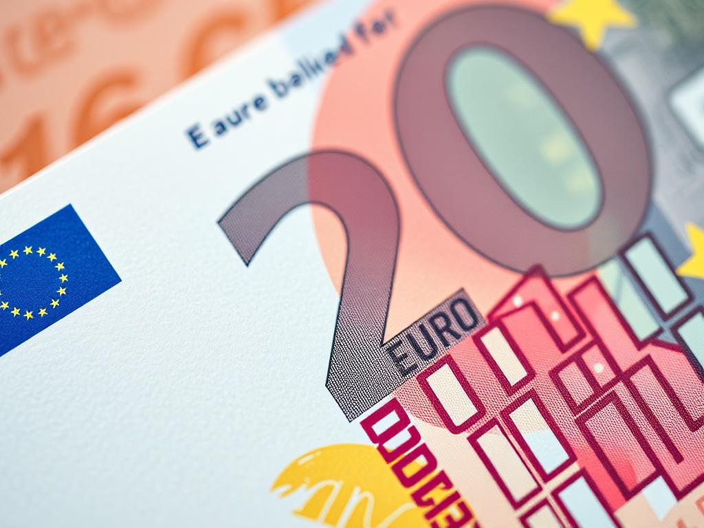 A hyper-realistic close-up shot of a 20 Euro banknote, highlighting its vivid colors and detailed patterns, captured with a 45mm f/1.2 lens. The background should be softly blurred to emphasize the banknote's features, creating a professional and appealing visual.