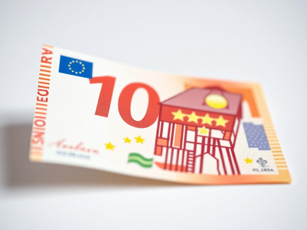 A hyper-realistic close-up shot of a 10 Euro banknote, showcasing intricate details and vibrant colors, taken with a 45mm f/1.2 lens. The background should be soft and blurred to focus on the banknote, enhancing its features while maintaining a clean and professional look.