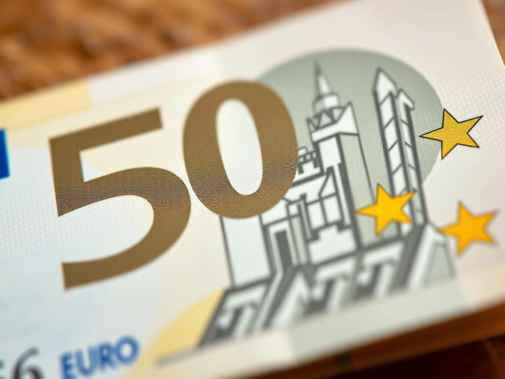 A hyper-realistic close-up shot of a 50 Euro banknote, showcasing its intricate details and rich colors, photographed with a 45mm f/1.2 lens. The background should be softly blurred, focusing on the banknote's unique features while maintaining a clean look.