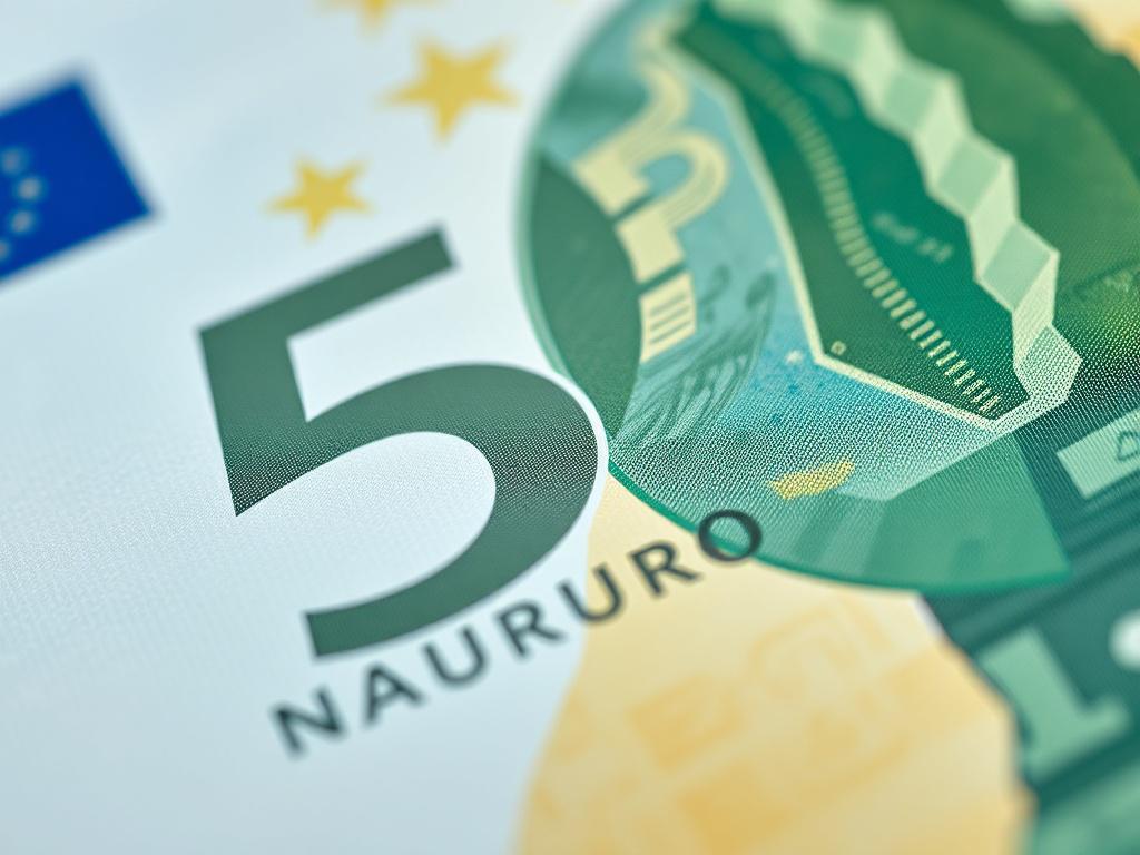 A close-up shot of a 5 Euro banknote, showing intricate details and security features, soft focus background, hyper-realistic rendering, shot with a 45mm f/1.2 lens.