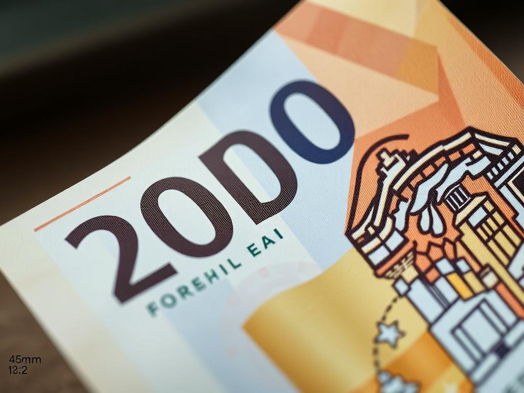 A close-up shot of a 20 Euro banknote, showcasing its detailed security features and elegant design, soft focus background, hyper-realistic rendering, shot with a 45mm f/1.2 lens.