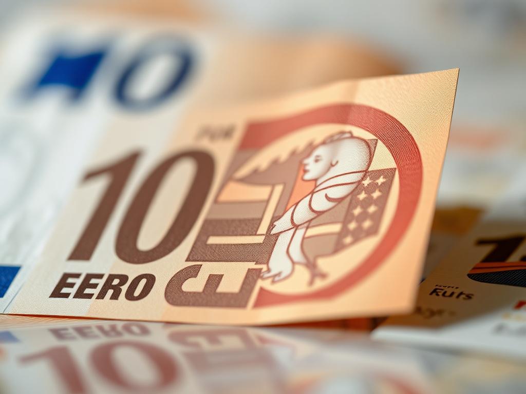 A close-up shot of a 10 Euro banknote, highlighting its unique design and security features, soft focus background, hyper-realistic rendering, shot with a 45mm f/1.2 lens.