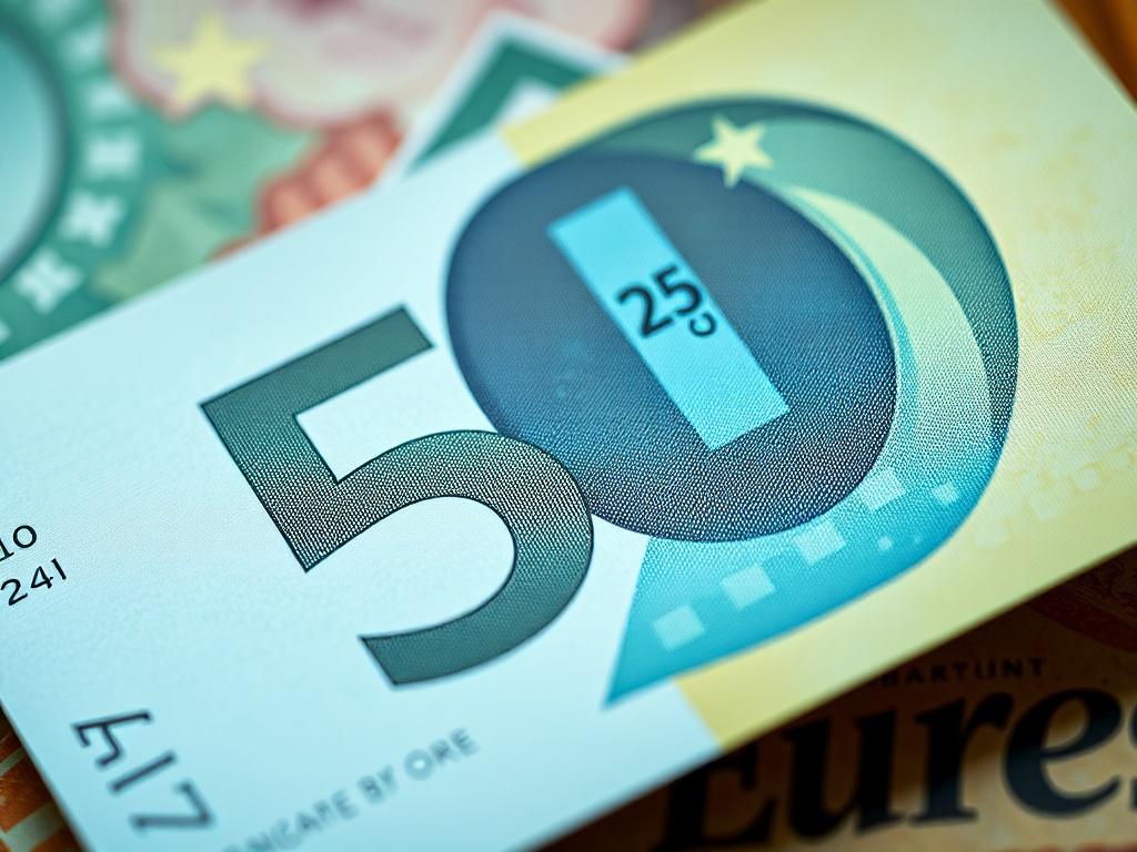 A close-up shot of a 5 euro banknote, hyper-realistic rendering, focusing on the intricate details of the banknote, with a soft blurred background, emphasizing the colors and textures of the note.