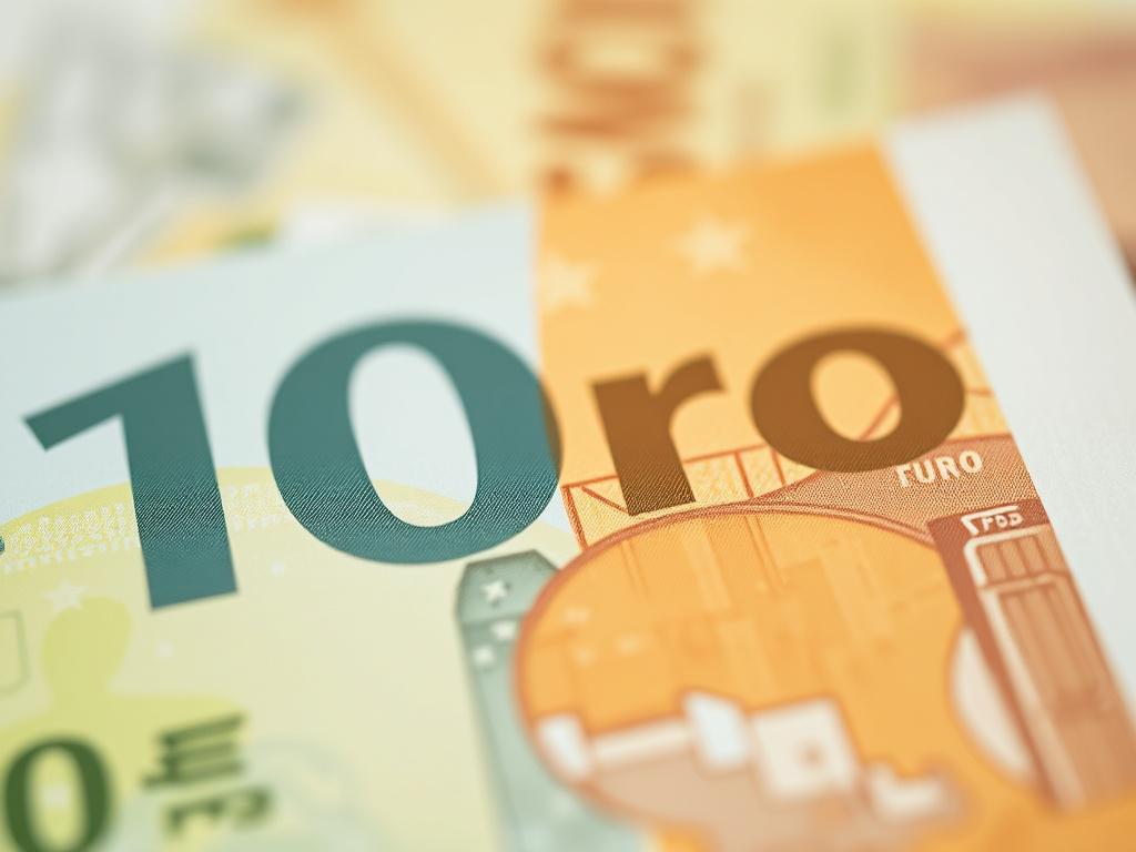 A close-up shot of a 10 euro banknote, hyper-realistic rendering, focusing on the detailed imagery and textures, with a soft bokeh background to enhance the visibility of the banknote's features.