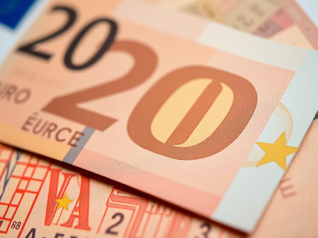 A close-up shot of a 20 euro banknote, hyper-realistic rendering, capturing the detailed elements and textures, with a soft-focus background that highlights the banknote.