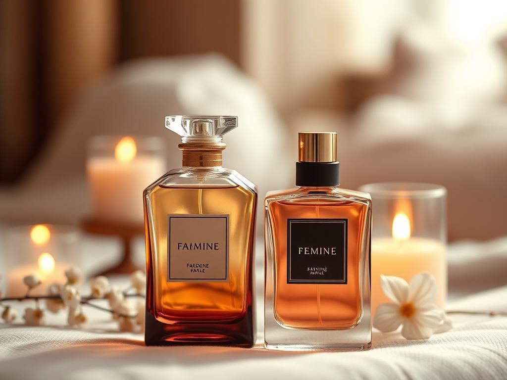 A high resolution image of two elegant fragrance bottles, one