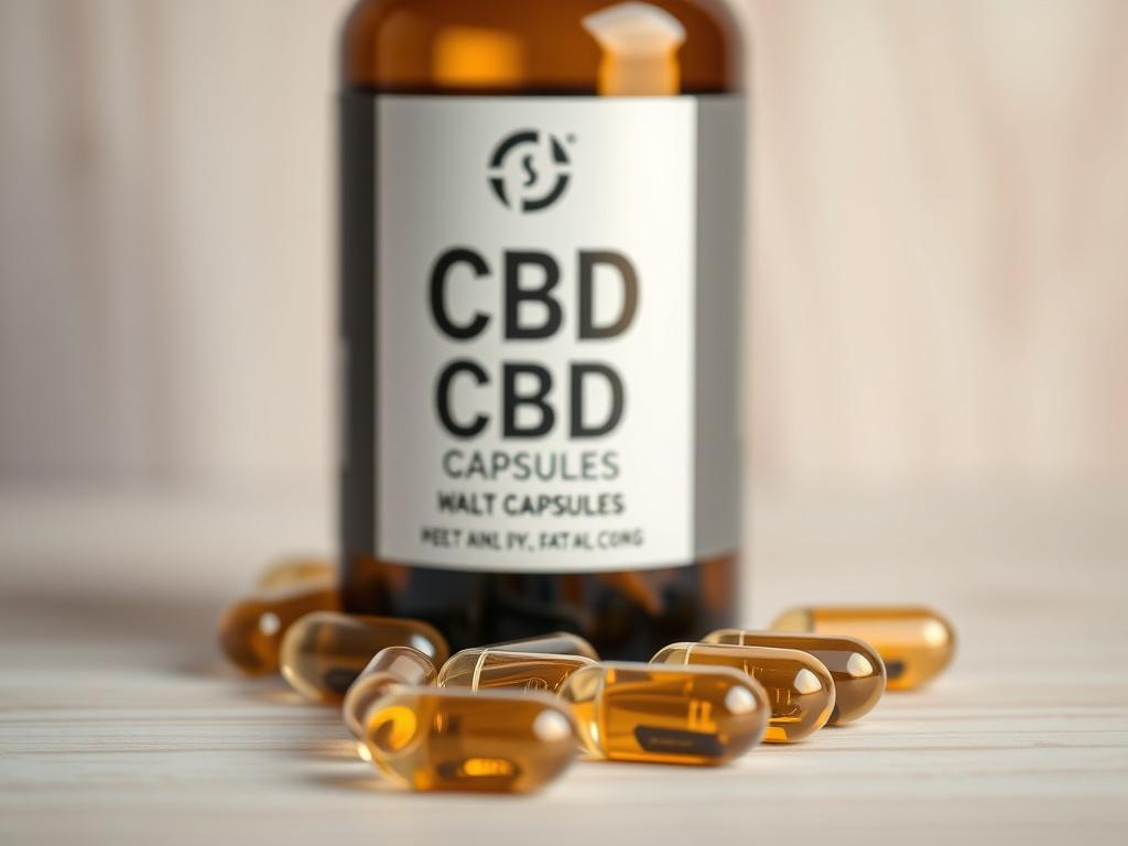 A close up shot of a bottle of CBD capsules,
