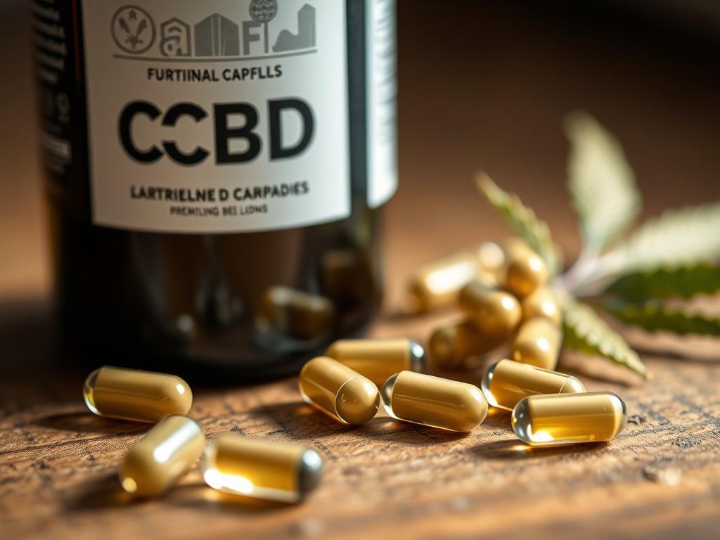 A close up shot of a bottle of CBD capsules
