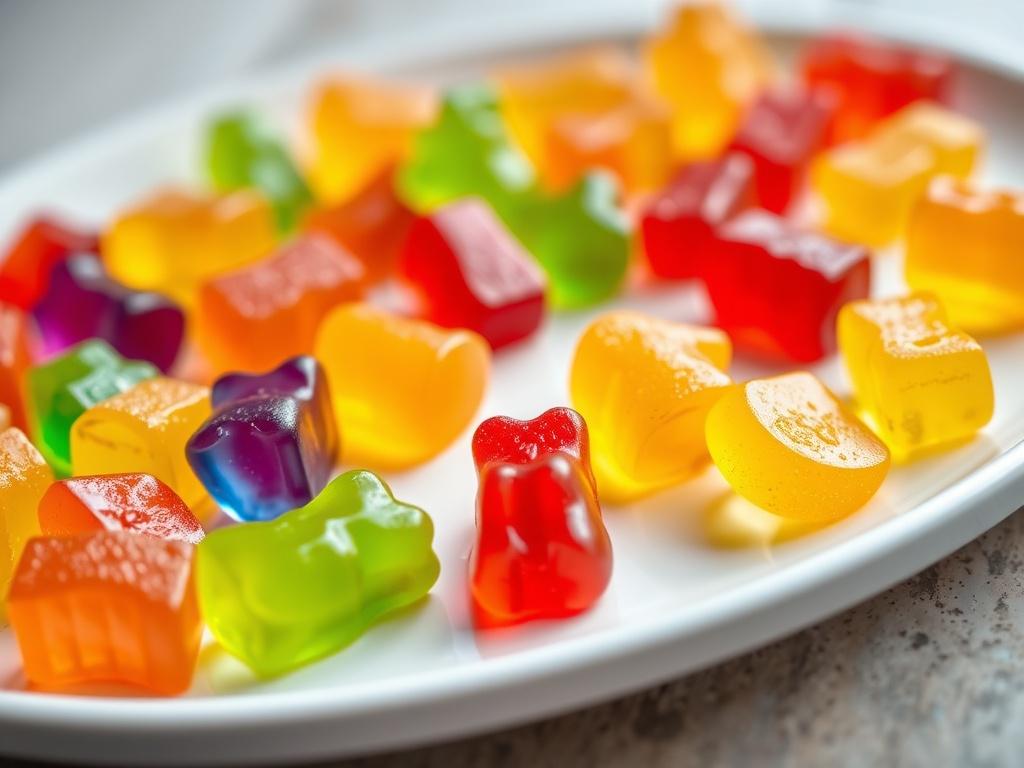 A close up shot of colorful CBD gummies arranged on