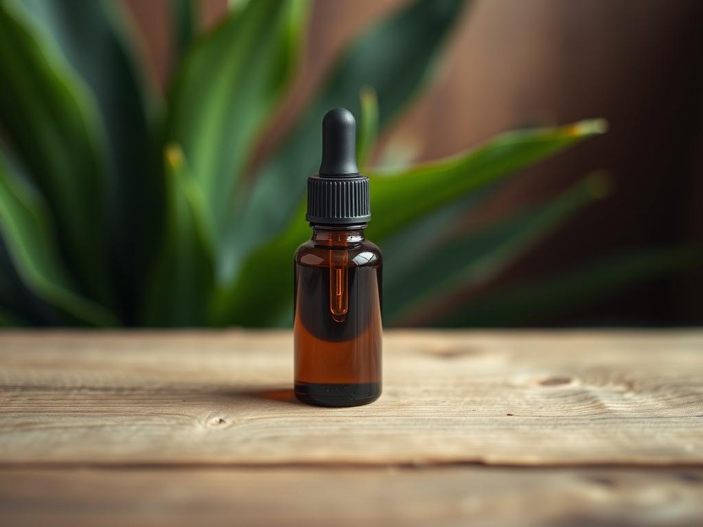 Create a realistic high-resolution photo featuring a close-up of a small, elegant bottle of CBD oil, prominently displayed as the central subject. The bottle should be glass, with a dark amber color, showcasing the natural essence of the product. The cap should be a sleek black dropper top, emphasizing a clean and sophisticated look.

Position the bottle on a simple, textured wooden surface that suggests a warm, homely environment, reminiscent of North Dakota's natural landscapes. In the background, softly 