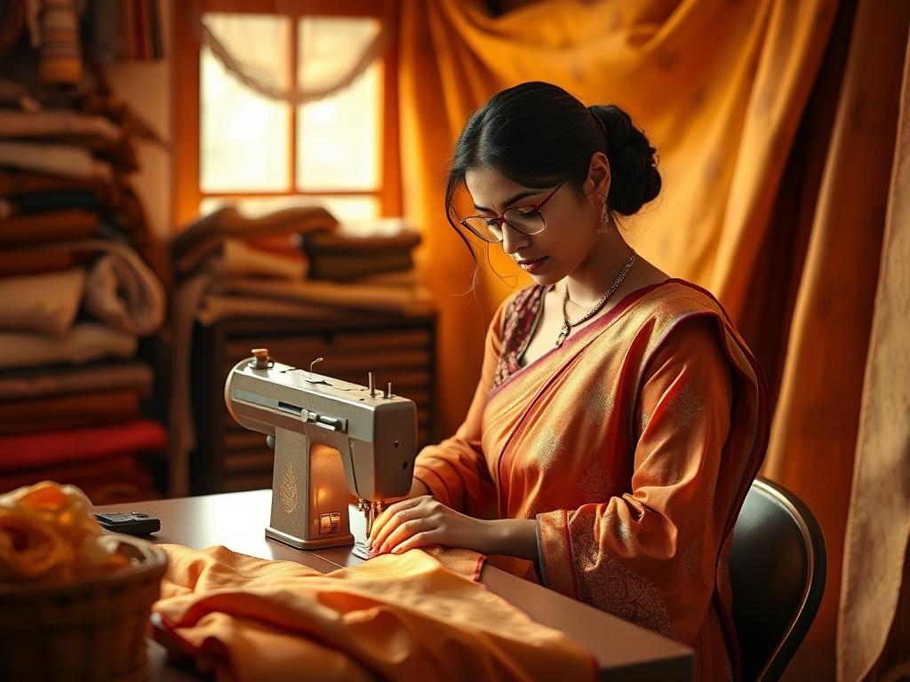A talented female tailor in a cozy, warm lit studio,