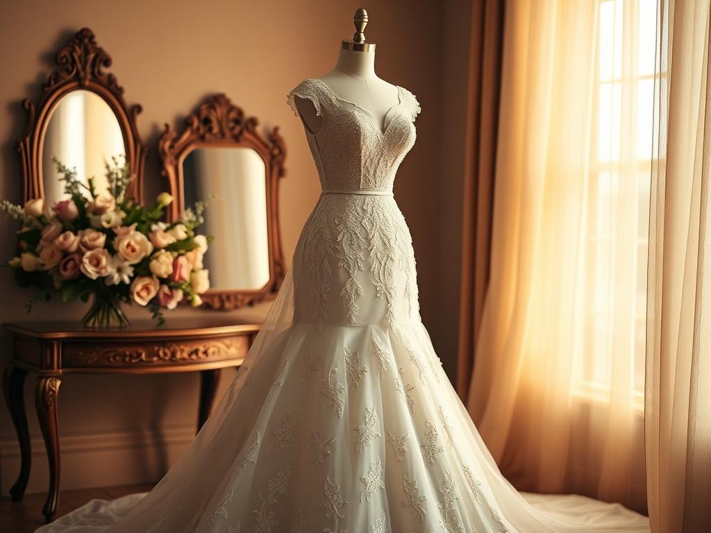 A stunning bridal gown displayed elegantly on a mannequin