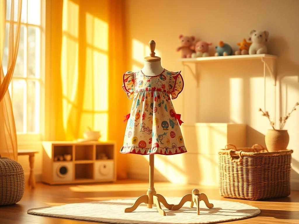 A playful kids' outfit displayed on a small mannequin