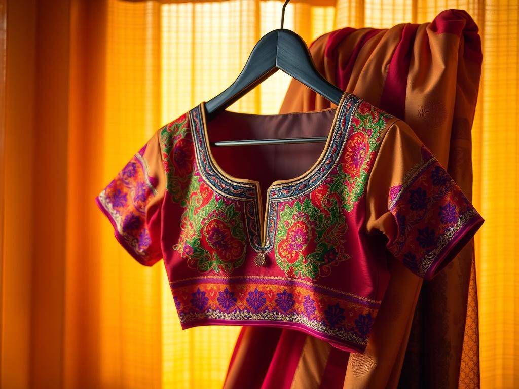 A beautifully crafted saree blouse showcased on a hanger