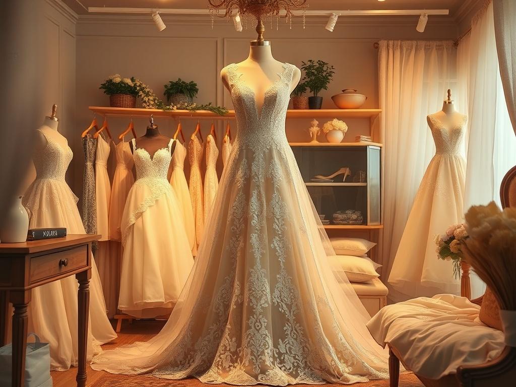 An elegant bridal gown displayed in a tastefully decorated tailor