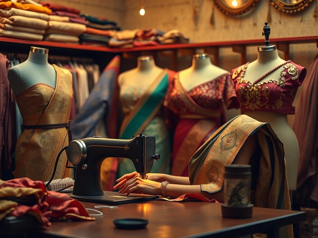 A serene tailor shop scene with soft lighting, featuring a