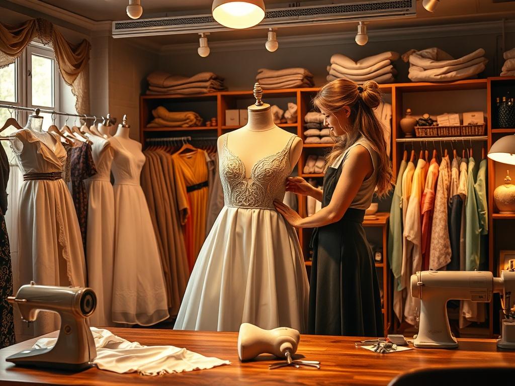 A cozy tailor shop interior with soft golden lighting, showcasing