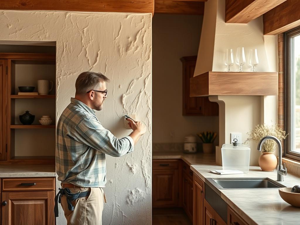 A skilled craftsman applying a textured plaster finish on a
