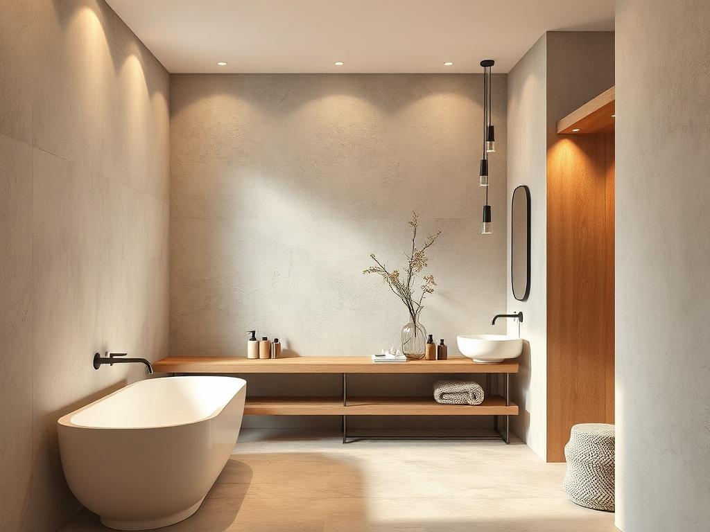 A modern bathroom with expertly plastered walls, showcasing a sleek