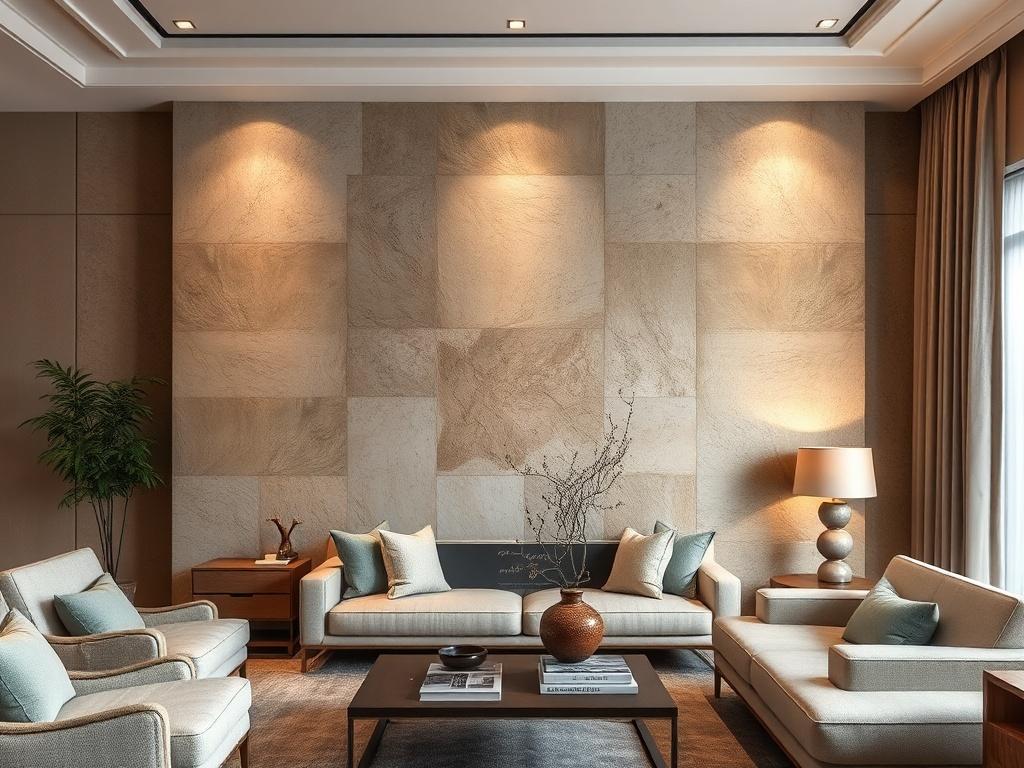An elegantly finished living room wall featuring a unique decorative