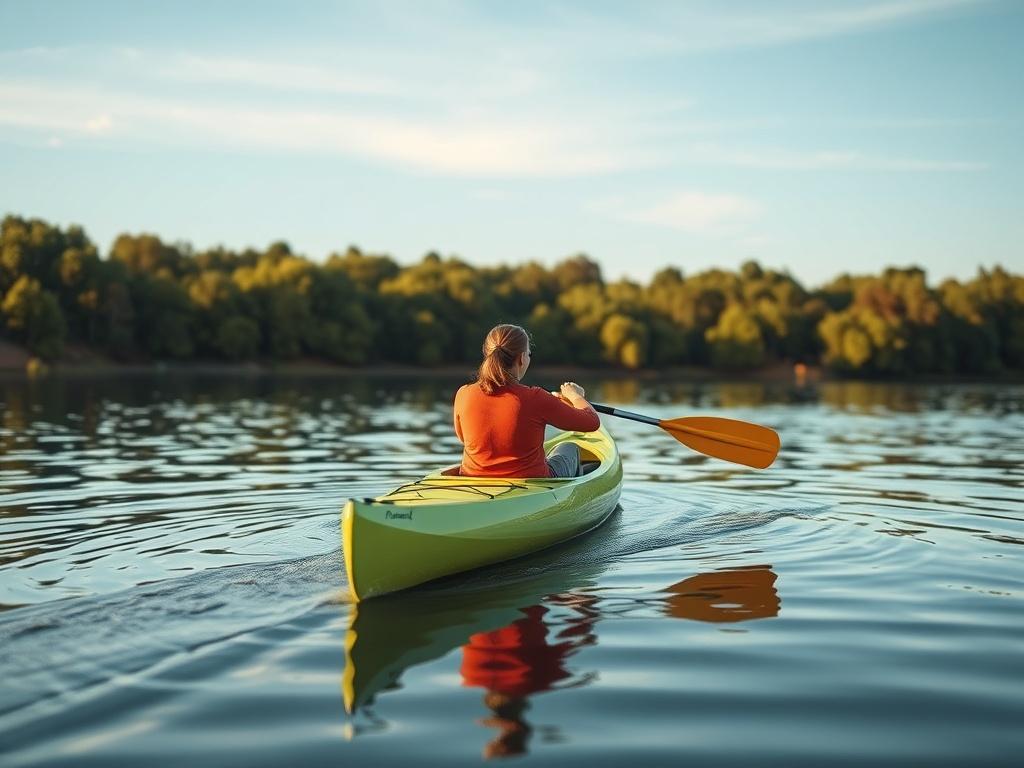 Create a realistic high-resolution photo for the blog titled "Mastering Canoeing Techniques." The composition should feature a single subject: an experienced canoeist in a stable, upright position, skillfully paddling a sleek canoe on calm water. The canoe should be a vibrant color that stands out against the natural surroundings. The paddling technique should be showcased with precision, highlighting the smooth motion of the paddle cutting through the water.

In the background, depict a serene landscape wi