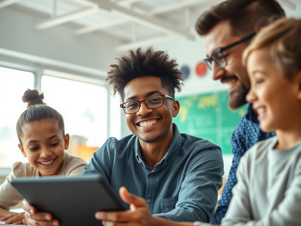 A high-resolution photo of a diverse group of adults and children engaging in a mentorship program. The scene should depict an enthusiastic mentor actively teaching a small group, with smiling faces and a warm, inviting atmosphere. The background should be a bright and airy classroom setting, with educational materials visible, creating an inspiring learning environment. The focus should be on the mentor and the participants, capturing the essence of guidance and support.