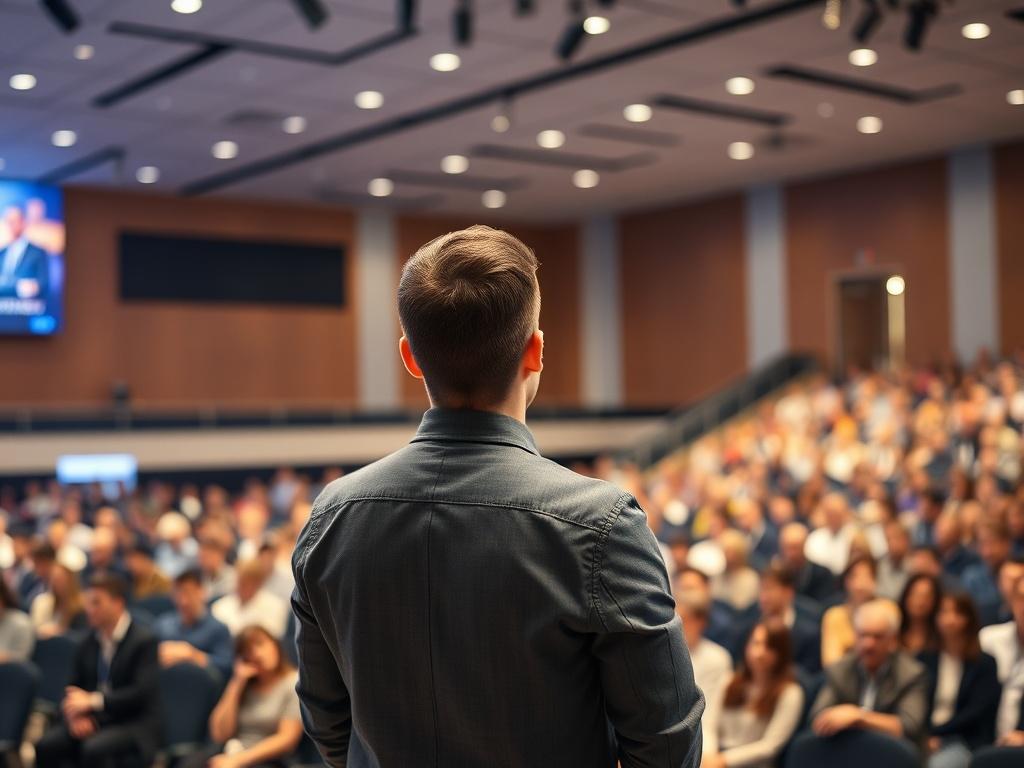 A realistic high-resolution photo capturing a young male guest speaker in his 20s, standing confidently with his back to the camera. He is addressing a large audience of thousands seated in a spacious, professional auditorium. The stage is well-lit, showcasing the speaker's posture and enthusiasm. The audience is engaged, with a diverse group of individuals visible, and the ambiance reflects a motivational atmosphere. The background includes subtle stage elements like banners or screens, enhancing the profe