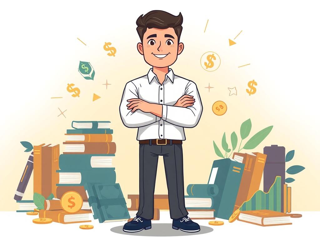 A professional and motivational cartoon-style illustration of a person standing confidently with arms crossed, surrounded by books and financial symbols like dollar signs and graphs. The background features a light, inspiring gradient with shades of gold and deep navy, symbolizing growth and empowerment. The person appears enlightened and knowledgeable, reflecting the theme of financial education. The composition is simple and clear, focusing on the subject.