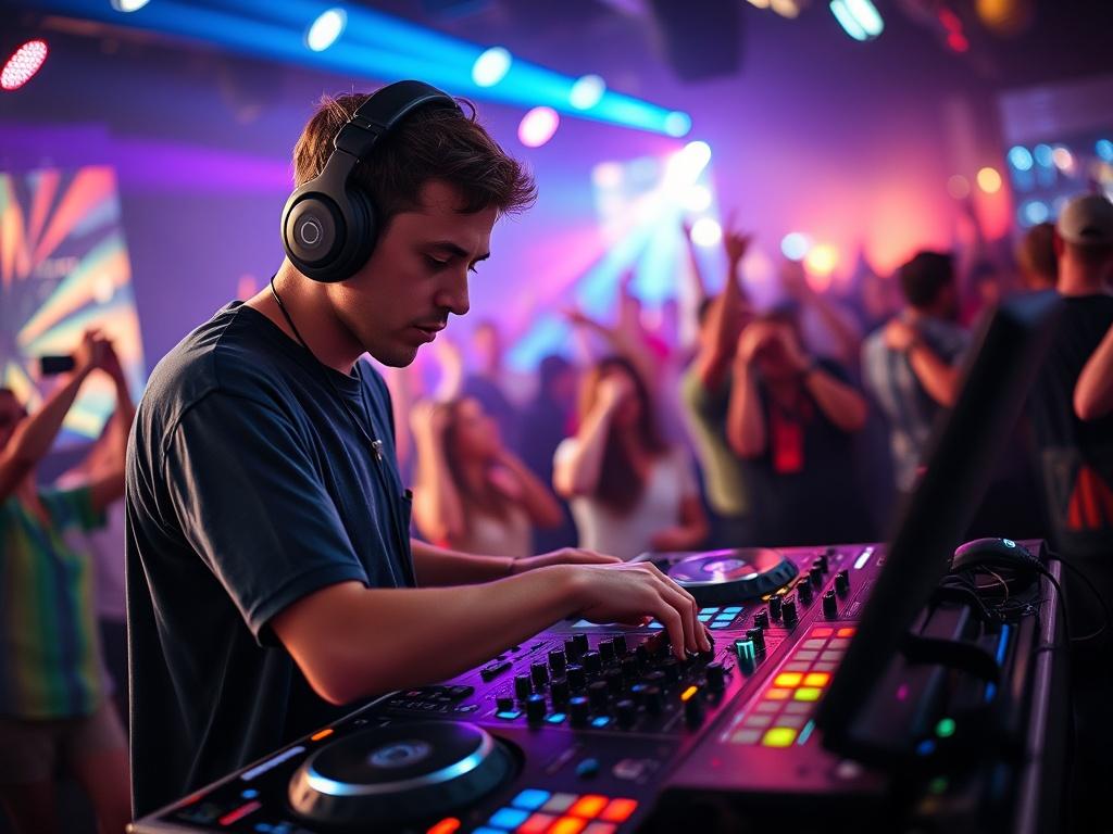 A close up shot of a DJ in action, wearing